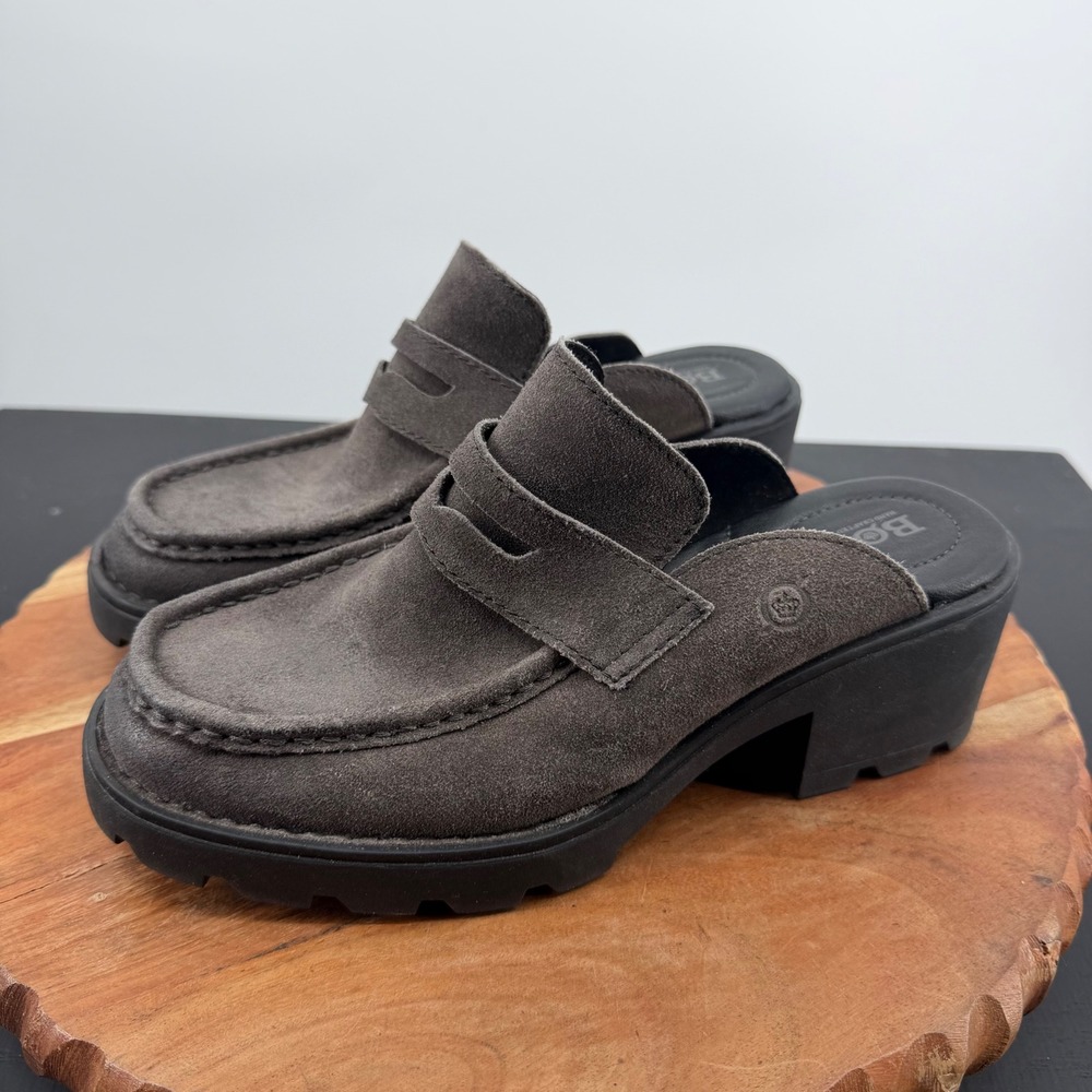 Born Gala Penny Loafer Mules Women 6.5 Grey Suede Chunky‎ Lug Sole